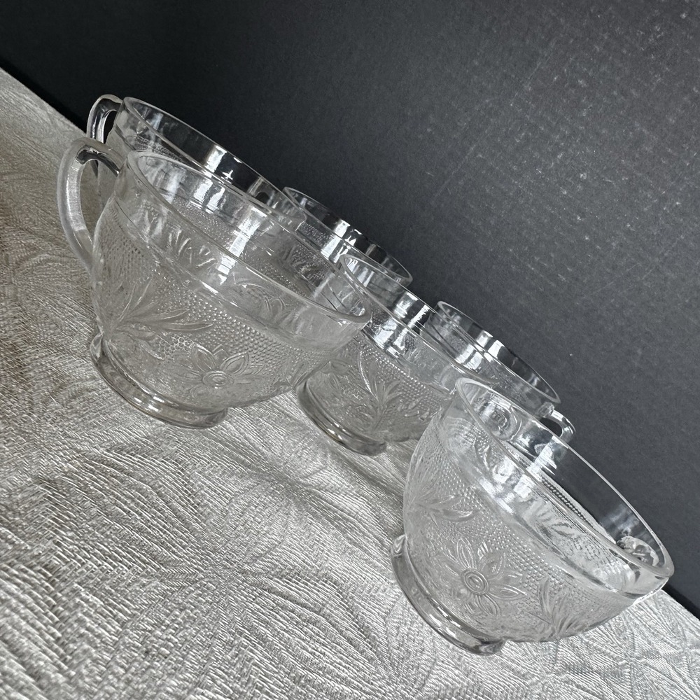 Set of 6 Vintage Anchor Hocking Sandwich Clear Depression Glass Floral Cups - Picture 2 of 7